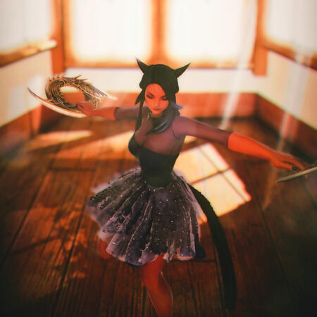 R'amai dancing with chakrams in the sunlight